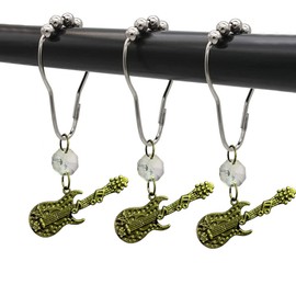 brandname Guitar Shower Curtain Hooks for Bathroom, Rust Proof Rings, Stainless Steel Decorative Hook Set of 12 with Rock Country Music Themed Bathroom Decor Rod (Bronze)