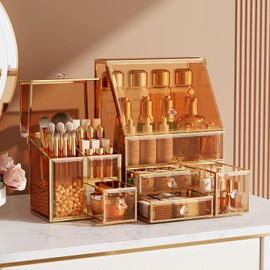 CoralHouse Makeup Organizer Amber,Glass Vanity Organizer for Skincare, Lipsticks, Perfume, Makeup Brushes – Countertop Cosmetic Storage Box for Women, Bathroom & Dresser