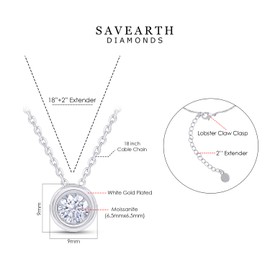 18K Gold Plated Bezel-Set Solitaire Necklace, 6.5MM Moissanite Diamond Choker Pendant Necklace For Women Jewelry 18"+2" Inch Extender (0.90 ctw), White Gold, Moissanite