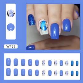 Butterfly Press on Nails Short Square Fake Nails Glossy Blue Stick on Acrylic Nails Full Cover Summer Style False Nails Medium Square Glue on Nails for Women