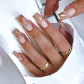 SINHOT Press on Nails Long Square Fake Nails Ombre Gradient Acrylic Nails Glossy Glue on Nails Squoval Artificial Nails Stick on False Nails with Design 24 pcs