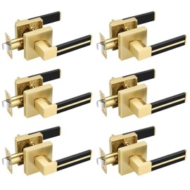 EHOMEWARE 6 Pack Passage Lever Door Handle, Gold Door Levers with Black Leather, Keyless Brass Interior Door Handles for Closet Keyless Indoor Door Locks