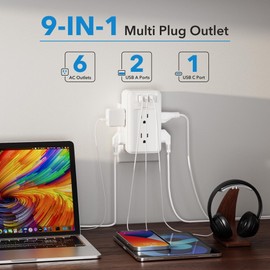 BN-LINK Multi Plug Outlet, 6 Wall Outlet Extender with 3 USB Charging Ports (1 USB C) Total 3.4A, 3-Sided Outlets Splitter Multiple Outlet Wall Plug for Home Office Dorm Room