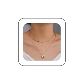 Inilbran Boho Layered Shell Necklace Vintage Scallop Choker Necklace Gold Shell Pendant Necklace Summer Beach Cowrie Chain Necklace Jewellery for Women and Girls, Zinc