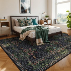 Lessymo Floral Black Green Washable Rugs 8x10, Living Room Area Rug Non Slip Boho Low Plie Large Carpet for Bedroom Dining Room Home Office, Vintage Flower Decor Distressed Retro Indoor