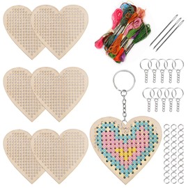 Keadic 64 Pieces Heart Shape Wooden Cross Sewing Kits, Make Your Own 10 Cross Stitching Keyrings, Wooden Cross Stitch Kits, Wooden Sewing Kit, Arts & Crafts Stars for Beginners, Girls