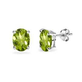 Sterling Silver Peridot Oval-Cut Solitaire Stud Earrings for Women, Metal, Peridot