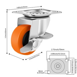 2.5 Inch Caster Wheels, Casters Set of 4,Heavy Duty Caster with Brake,Top Plate Swivel Wheels Industrial Castors Polyurethane Wheel, Locking Castor for Furniture Carts and Workbench