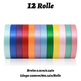 12 Satin Ribbons, Colourful, Colourful Silk Ribbons, 6 mm x 22 m, 12 Colours, Versatile for Gift Wrapping, Wedding Decoration, Crafts and Party Decoration
