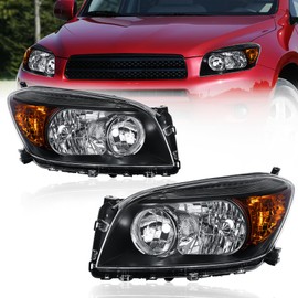KUIPERAUTO Pair Headlights Assembly Compatible for 2006-2009 Toyota RAV4 4-Door Halogen Only Black Housing Clear Lens Amber Reflector Front Lamps Left and Right Side #8117042331