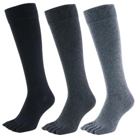 Asuka Men's 5-Toe Socks, Cool Cotton Linen, 10.6 - 11.4 inches (27 - 29 cm), 3 Pairs, Cool Pique Crew Length, Black 3 Pairs