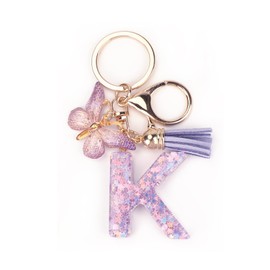Initial Keychain, Letter Keychain with Butterfly & Tassel,Cute Purple Keychain for Women & Girls,Bag Charm,Gift for Friends, Sisters, Moms for Birthdays, Christmas, Valentine's, Graduations, K
