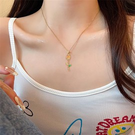 Dainty CZ Tulip Flower Pendant Necklace for Women Gold Plated Stainless Steel Elegant Crystal Leaf Charms Link Chain Choker Necklaces Delicate Birthday Holiday Anniversary Jewelry Gift 18 inch (Gold)