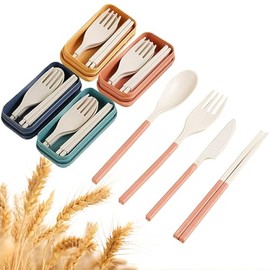 Lumbor37 Juegos de Cubiertos Portátile Utensilio Reutilizable con Estuche, Cubertería Combinada PortáTile Paja de Trigo 4 Set, Los Palillo, Cuchara, T