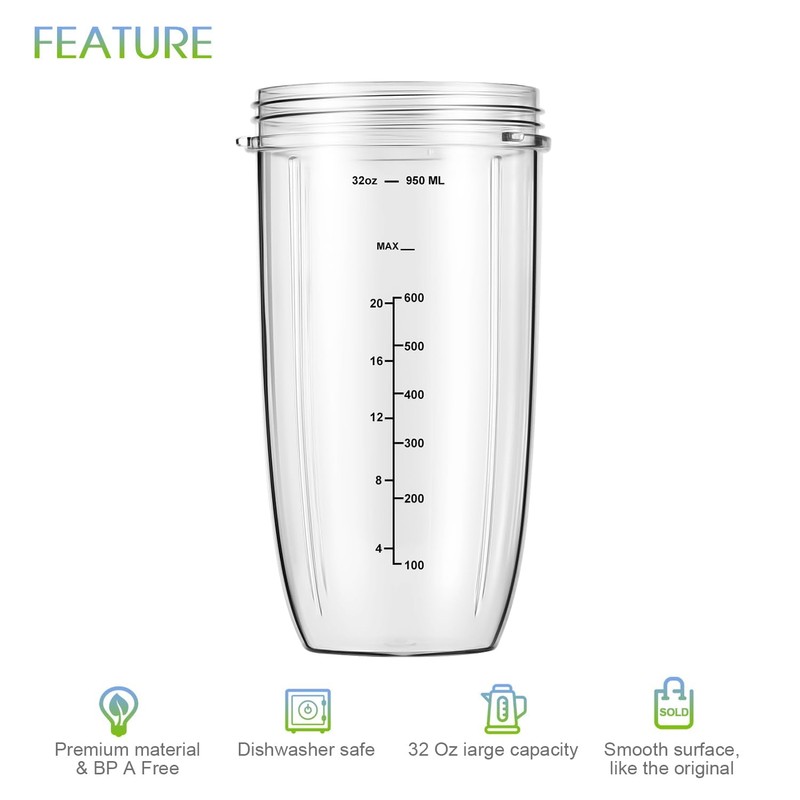 4-Piece Blender Cup and Blade Replacement Parts 32oz Cup and