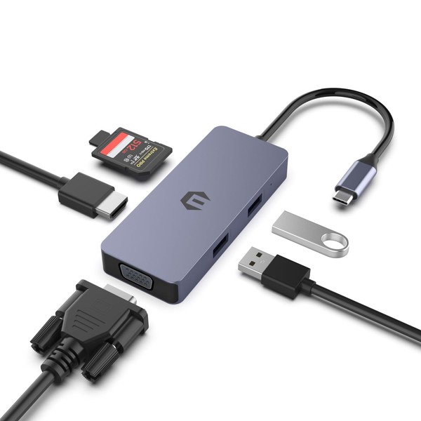 USB C Hub, TOTU 6-in-1 Hub, with HDMI, VGA, Card