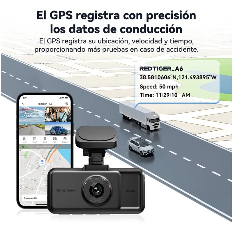 Cámara Redtiger A6 para Auto 4K Triple Cámara Wifi Pantalla