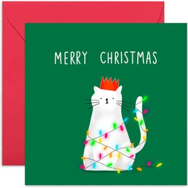 Old English Co. Merry Christmas Cat Fairy Lights Card - Cute Fun Festive Greeting Card for Him or Her | For Boyfriend, Girlfrined, Wife, Husband, Partner | Blank Inside & Envelope Included