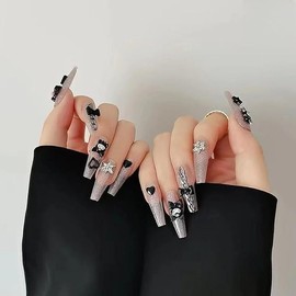 Handmade Nail Tip, Long, Almond, Stiletto False Nails, Pink, Black, Y2K, Cute, Chromi, Painful Nail, Design, Set of 24