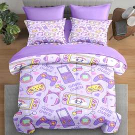 Pamnest Comforter Set Twin Size, Kawaii Gamepad Purple 5 Pcs Bedding Set for Kids and Adults, Cute Pink Cat Bed Sheet Sets with Fitted Sheet Pillowcase & Sham for Bedroom Bed Decor