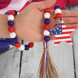 Independence Day Decorations Wood Bead Garland, 4th of July Memorial Day Decor American Flag Pendant Tassel for Farmhouse Wall Rosary Decoration