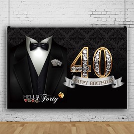 Black White 40th Birthday Backdrop for Man Forty Years Old Happy Birthday Party Decorations Banner Photography Supplies Background Happy Birthday Decoration 7x5ft