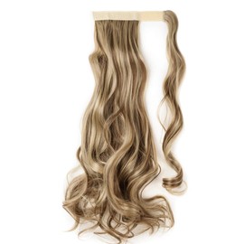S-noilite One Piece Ponytail Hair Extensions Clip in Wrap Around on Pony Tail Long Real Natural Synthetic Fibre Ponytails Hairpiece for Women Lady Girl Curly 17 inch light brown & ash blonde
