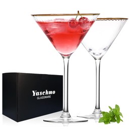 Yaschmo Martini Glasses Set of 2, Gold Rim Hand-Blown Crystal Cocktail Glasses, 10oz Large Martini Glasses for Espresso, Cosmopolitan, Gimlet, Elegant Barware Gift for for Women, Men, Any Occasion