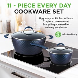 NutriChef 11-Piece Kitchen Cookware Set, Non-Stick Pots and Pans, Easy-to-Clean, Kitchen Utensils Set with Ceramic Coating for Home Cooking, Induction Safe, Diamond Pattern