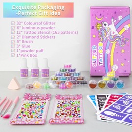 Tatuajes Temporales Glitter Kids,32 Colores Glitter Y 6 Colores Fluores,165 Plantillas,2 Pegatinas De Diamante,3 Pegamento, 5 Pinceles, 1 Puff De Polvo, Kit De Glitter Artes P