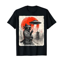 Samurai Ninja Cat Warrior UFO Japanese Anime Gifts Funny Cat T-Shirt