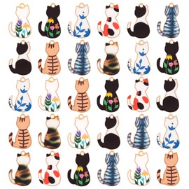 [CHENLONB] Cat Charm Cat Flower Deco Parts Pendants 30 Pieces Random Color Alloy DIY Ornament Decor Kit Necklace/Earrings/Pendant Decoration Foundation Parts Handmade Decoration Material, Metal