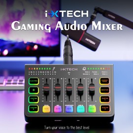 IXTECH IXTECH Gaming Audio Mixer 4 Channel Soundboard, Streaming RGB PC Audio Interface with XLR Microphone Support, Audio Equalizer for Gaming Podcast Streaming Karaoke, Individual Volume Controls (Black)