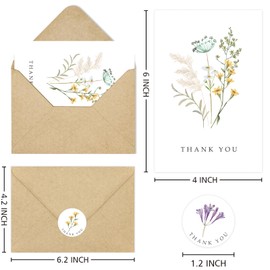 24 Pack Floral Thank You Cards with Envelopes, Watercolor Wildflowers Thank You Notes with Kraft Envelopes Sticker for Birthday Wedding Bridal Shower Baby Shower Teachers Graduation, 4 x 6 Inch