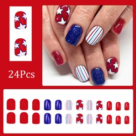 24Pcs Independence Day French Tip Press on Nails Short Square Red Blue White Star Fake Nails American Flags Full Cover Glue on Nails Stick on Nails 4th of July Nails for Women Acrylic Nails Decor
