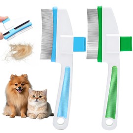 Cat Fur Brush, 2 Pieces, Self-Cleaning Cat Comb, Self-Cleaning Cat Comb, Cleaning with One Click, for Caring for Long and Short Hair, Massage (Blue + Green)