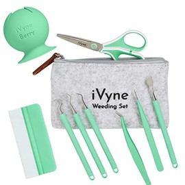iVyne (8pcs) Premium Vinyl Weeding Tool Kit & Weeding Scrap Collector Soft Grip Tools with Berry, Weeder, Tweezers, Picker Or Hook, and Scraper Set for Silhouette Cameos & Cricut - Green