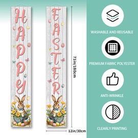 Happy Easter Porch Banner Wood Board Bunny Rabbit Easter Eggs Flower Front Porch Welcome Sign Easter Spring Summer Party Decorations and Supplies for Home-12×71''