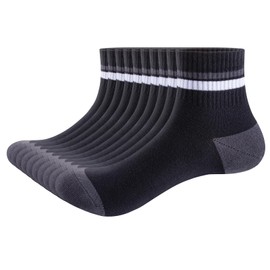 YUEDGE Mens Black Quarter Ankle Socks for Men Size 9-12, Striped Cuff Breathable Cotton Casual Thin Mid Crew Socks, Multipack, 10 Pairs