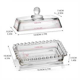 Beaded Glass Butter Dish wiht Lid, Classic Covered 2-Piece ,Clear Rectangular, Dishwasher Safe