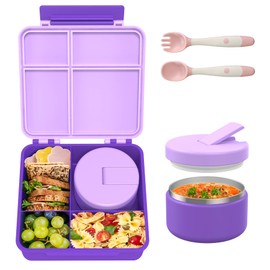 LOHASOK Bento Lunch Box with 8oz Soup Thermo, Leak-Proof Lunch Containers with 4 Compartment, Thermo Hot Food Jar and Insulated Lunch Box for School Purple