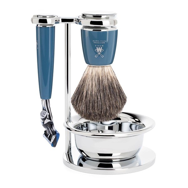 MÜHLE Rytmo Shaving Set - 3 Pieces, Compatible with Gillette Blades, Pure Badger Hair Brush, Holder with Bowl, High-Grade Resin Handle, Petrol Blue