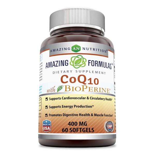 Amazing Formulas CoQ10 with Bioperine - 60 Softgels (Non-GMO) - Supports Cardiovascular & Circulatory Health - Supports Energy Production - Promotes Digestive Health & Muscle Function. (400 mg)