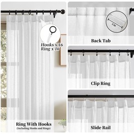 FAPLIGLISY Linen Pleated Curtains for Living Room, White Semi Sheer Curtains 63 Inches Length 2 Panels Set Pinch Pleat Farmhouse Country Boho Style Back Tab Draperies for Sliding Door, 40" W x63 L