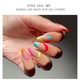 JMEOWIO Gel Nail Stickers Colorful French Tip Semi Cured Gel Nail Strips Wraps UV/LED Nails Art Design Decoration Accessories
