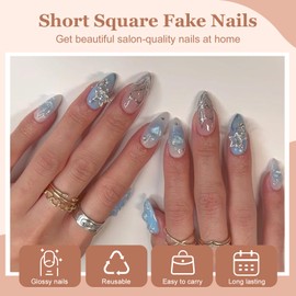 Viugex 24Pcs Blue French Tip Press on Nails, Medium Almond Glossy False Nails with 3D Star Heart Charms, Acrylic Full Cover Fake Nail Kit, Reusable Gel Stick on Nail for Women Manicure Decorations