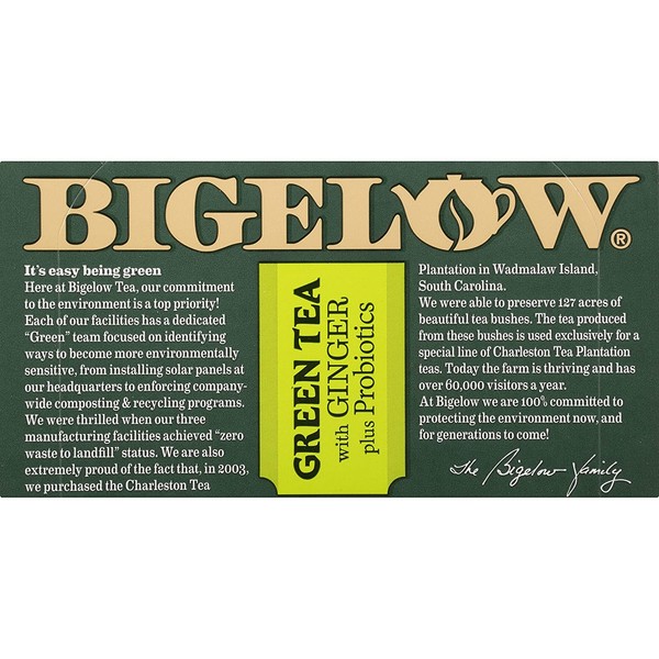 Bigelow Green Tea with Ginger Plus Probiotics, 18 Count Box, (Pack of 6), Caffeinated Green Tea 108 Tea Bags Total