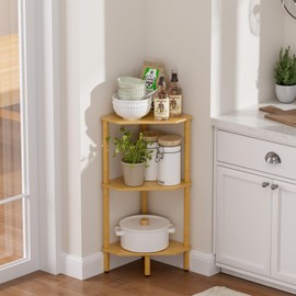 Atoping 3 Tier Bamboo Corner Shelf, Storage Stand with Adjustable Feet, Small Spaces Corner Bookshelf, Plant Stand, Space-Saving Organizer Shelves, Small Corner Table for Bathroom Kitchen Living Room