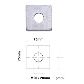 TERF® Heavy Duty M20 (20mm) X 75mm X 6mm Zinc Plated Steel Square Plate Washer - 20mm ID X 75mm OD X 6mm Thickness - Pack of 2