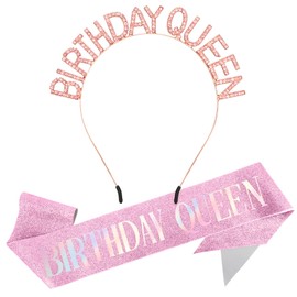 Birthday Queen Sash and Crown Set - Glitter Pink Rhinestone Headband, Tiara, Princess Accessories for Women